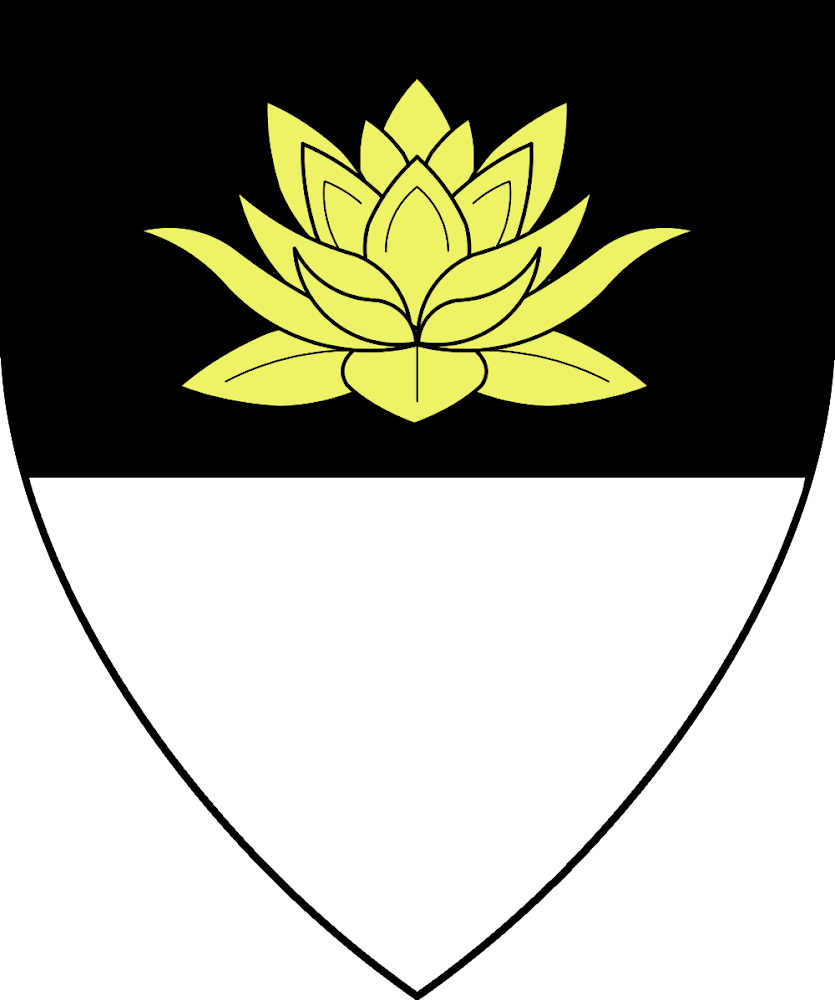A heater shield bearing the blazon: Per fess sable and argent, in chief a lotus blossom in profile Or. (AKA Corwin's colors: black, silver, and amnesiac.)