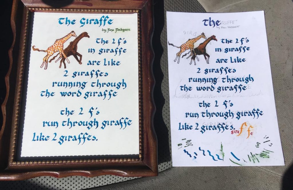 Two copies of a poem with two giraffes each, one of them framed and the other clearly a draft. A new baby gift for my niece Tess.