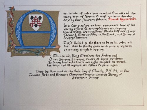 An Award of Arms for the East Kingdom, illumination by Teresa Perez, early Gothic hand.