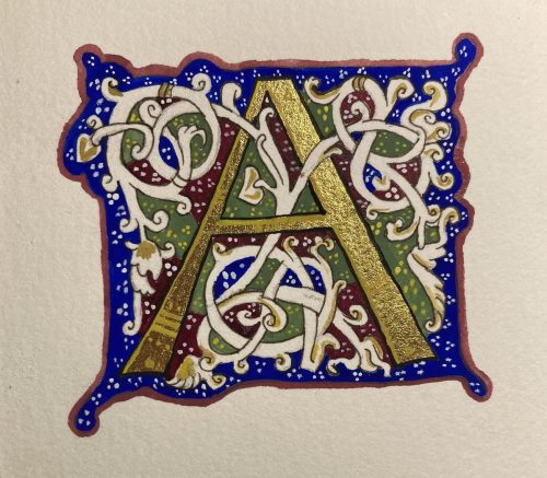 An Ottonian white-vine illuminated capital A, gouache and watercolor on Fluid watercolor paper.