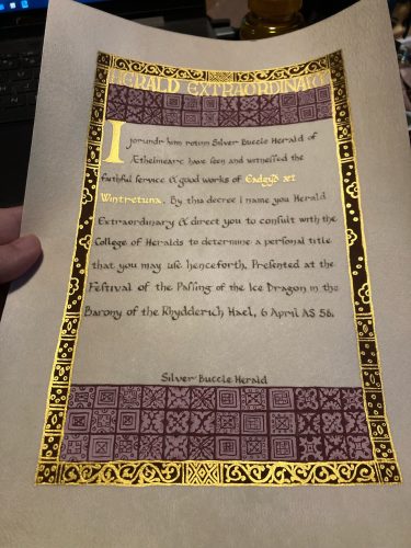 A Herald Extraordinary scroll for Edith of Winterton, based on the Uta codex, words by jorundr hinn rotinn.