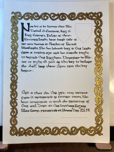 An East Kingdom AoA for Peaches of Rusted Woodlands.