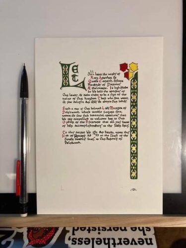 A Sycamore (AEthelmearc merit-level arts award), first scroll I ever did from start to finish.