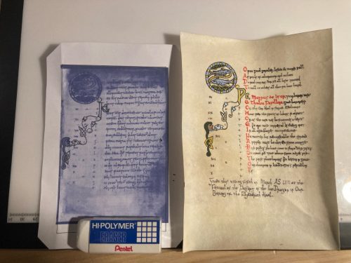 First prize scroll for Ice Dragon 2023's Grand Pentathlon, based on an Anglo-Saxon calendar page.