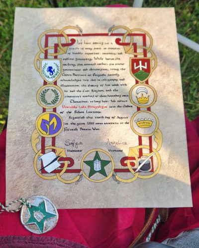 An SCA award for Lada Monguligin, gouache on parchment, adapted from Capitulare Evangeliorum et canones (BnfGallica f.045v) via Ellen DeLacey, words by Angelica de Nova Lipa